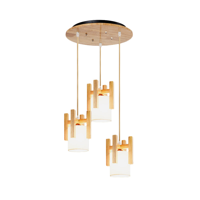 3 Lights Dinette Multi Light Pendant Modern Beige Ceiling Lamp with Column Fabric Shade and Wood Fence Top