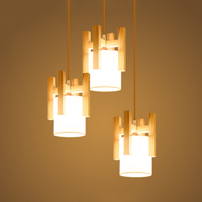 3 Lights Dinette Multi Light Pendant Modern Beige Ceiling Lamp with Column Fabric Shade and Wood Fence Top