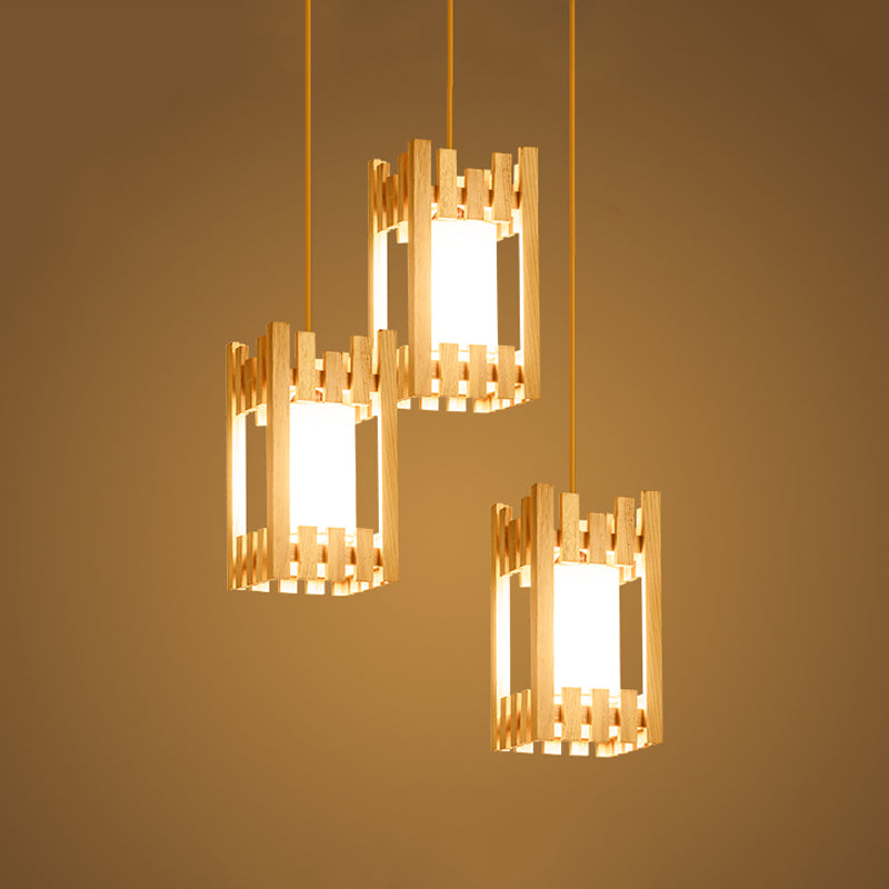 Wooden Cluster Arbor Pendant Asian 3 Bulbs Beige Ceiling Suspension Lamp with Inserted Fabric Lampshade