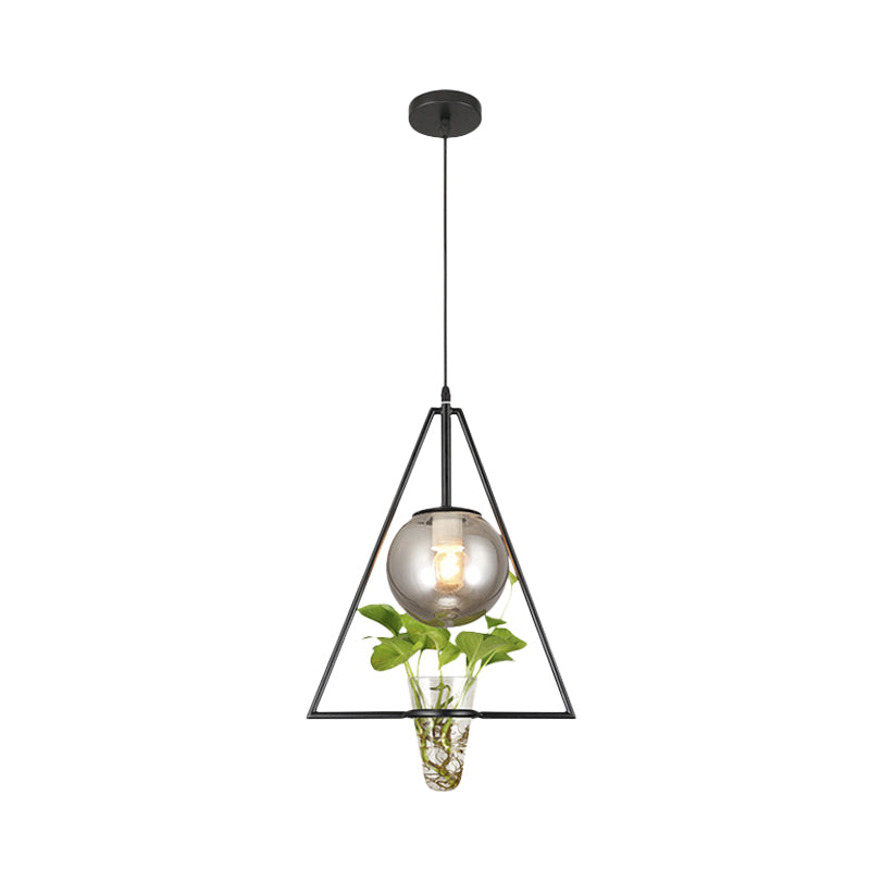 Smoke Gray Glass Orb Pendant Warehouse 1 Bulb Bedroom Hanging Light in Black/Grey/Gold with Triangle Frame and Plant Pot