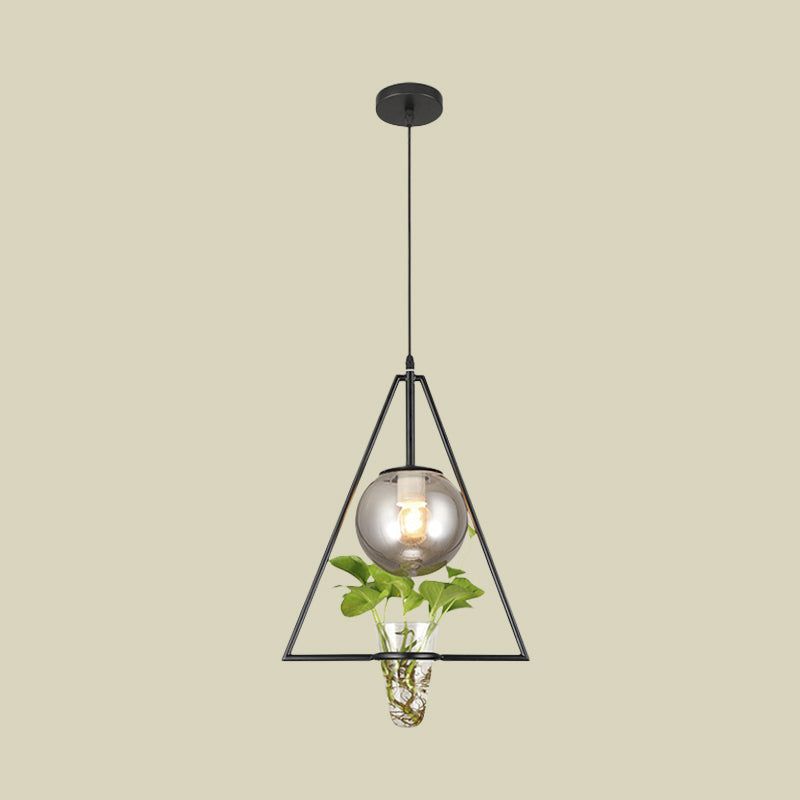 Smoke Gray Glass Orb Pendant Warehouse 1 Bulb Bedroom Hanging Light in Black/Grey/Gold with Triangle Frame and Plant Pot
