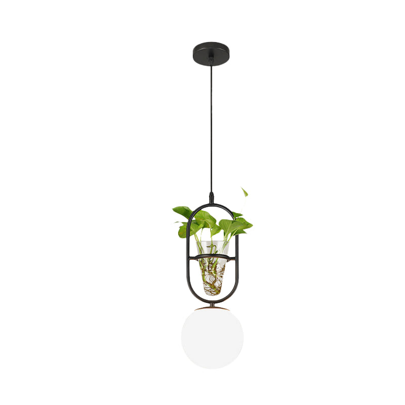 Elliptical Iron Pendant Lamp Loft 1 Light Bedroom Hanging Light in Black/Grey/Gold with Sphere Cream Glass Shade and Plant Cup