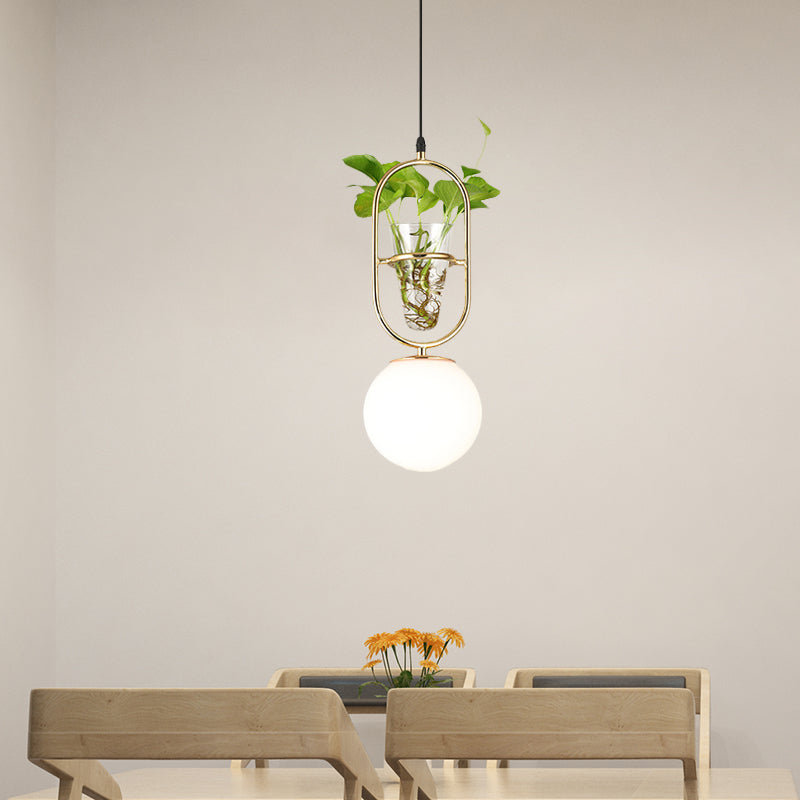 Elliptical Iron Pendant Lamp Loft 1 Light Bedroom Hanging Light in Black/Grey/Gold with Sphere Cream Glass Shade and Plant Cup