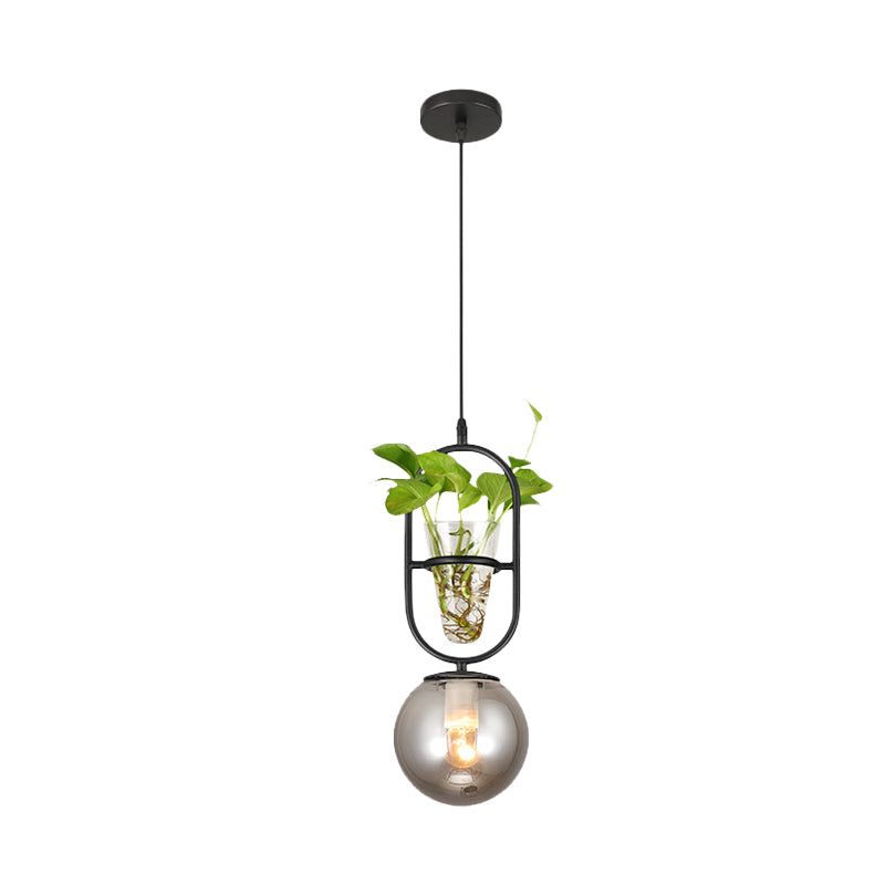 1-Head Hanging Light Loft Spherical Opal/Smoke Gray Glass Ceiling Lamp in Black/Grey/Gold with Oblong Frame and Plant Cup