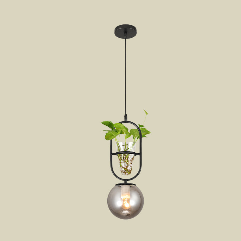 1-Head Hanging Light Loft Spherical Opal/Smoke Gray Glass Ceiling Lamp in Black/Grey/Gold with Oblong Frame and Plant Cup