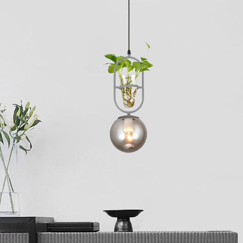 1-Head Hanging Light Loft Spherical Opal/Smoke Gray Glass Ceiling Lamp in Black/Grey/Gold with Oblong Frame and Plant Cup