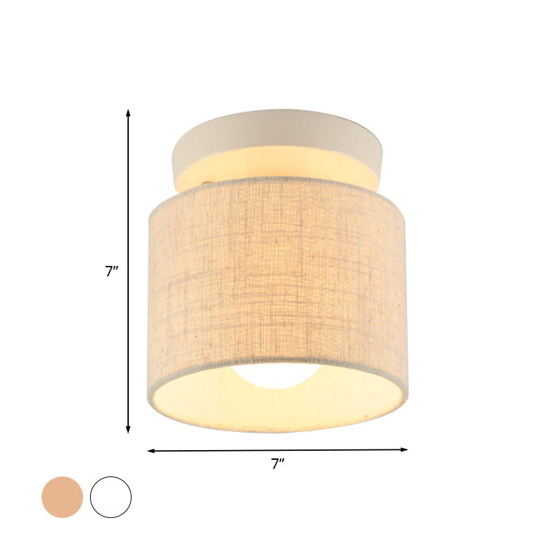 Mini Barrel Semi Mount Lighting Simplicity Fabric 1 Bulb Flaxen/White Ceiling Flush Light for Foyer