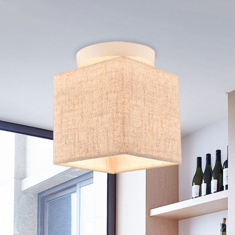 Fabric Cubic Small Semi Flush Mount Simple 1 Head Flaxen Ceiling Lighting Fixture