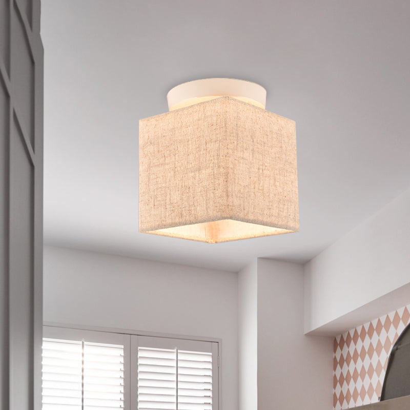 Fabric Cubic Small Semi Flush Mount Simple 1 Head Flaxen Ceiling Lighting Fixture