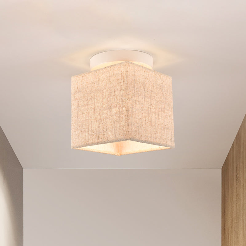 Fabric Cubic Small Semi Flush Mount Simple 1 Head Flaxen Ceiling Lighting Fixture
