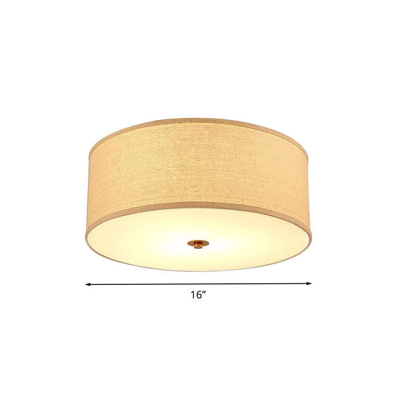 1 Bulb Dining Room Ceiling Lamp Minimalist Flaxen Flushmount with Drum Fabric Lampshade
