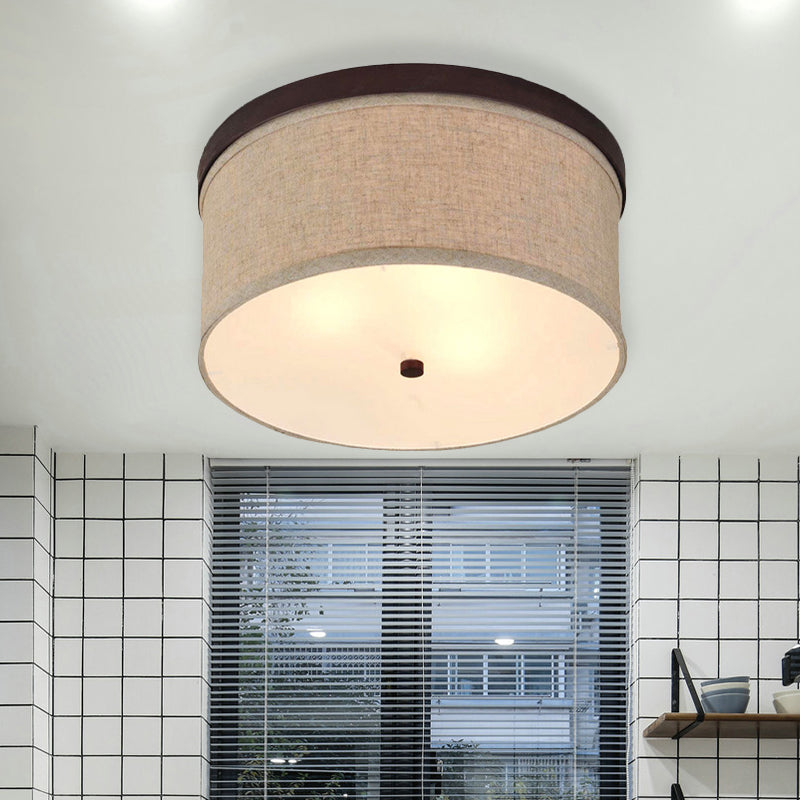 Simple 3-Light Flush Mount Flaxen Drum Ceiling Lighting with Fabric Shade and Diffuser