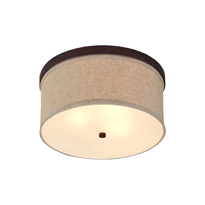 Simple 3-Light Flush Mount Flaxen Drum Ceiling Lighting with Fabric Shade and Diffuser