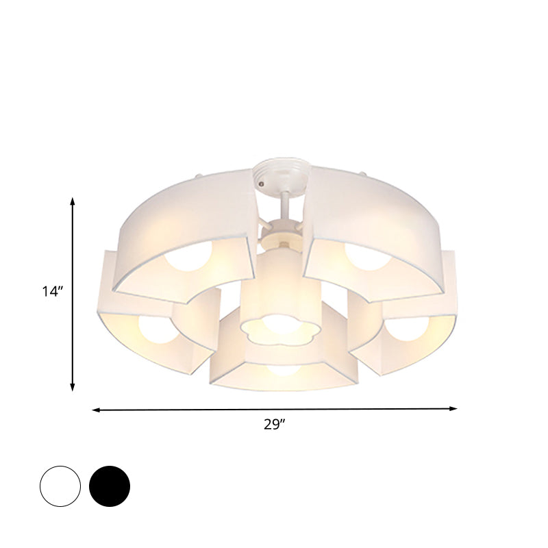 Black/White Curved Block Flushmount Contemporary 6 Heads Fabric Semi Mount Lighting for Living Room