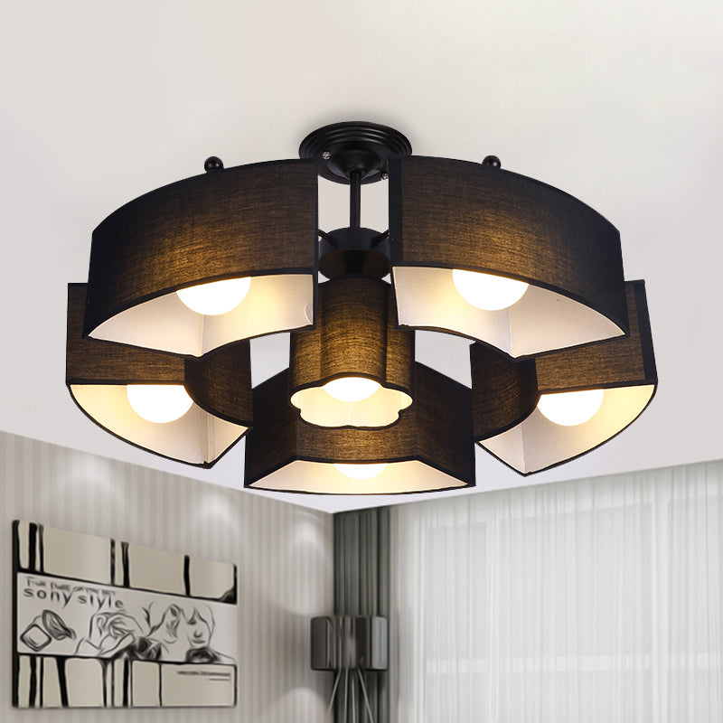 Black/White Curved Block Flushmount Contemporary 6 Heads Fabric Semi Mount Lighting for Living Room