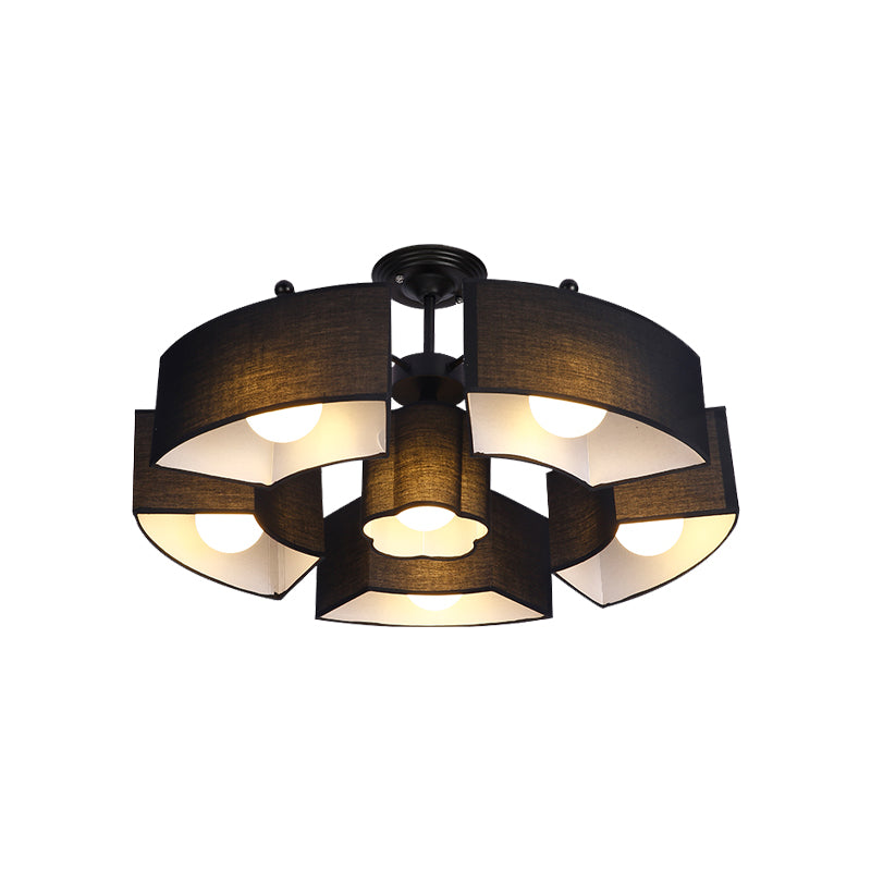 Black/White Curved Block Flushmount Contemporary 6 Heads Fabric Semi Mount Lighting for Living Room