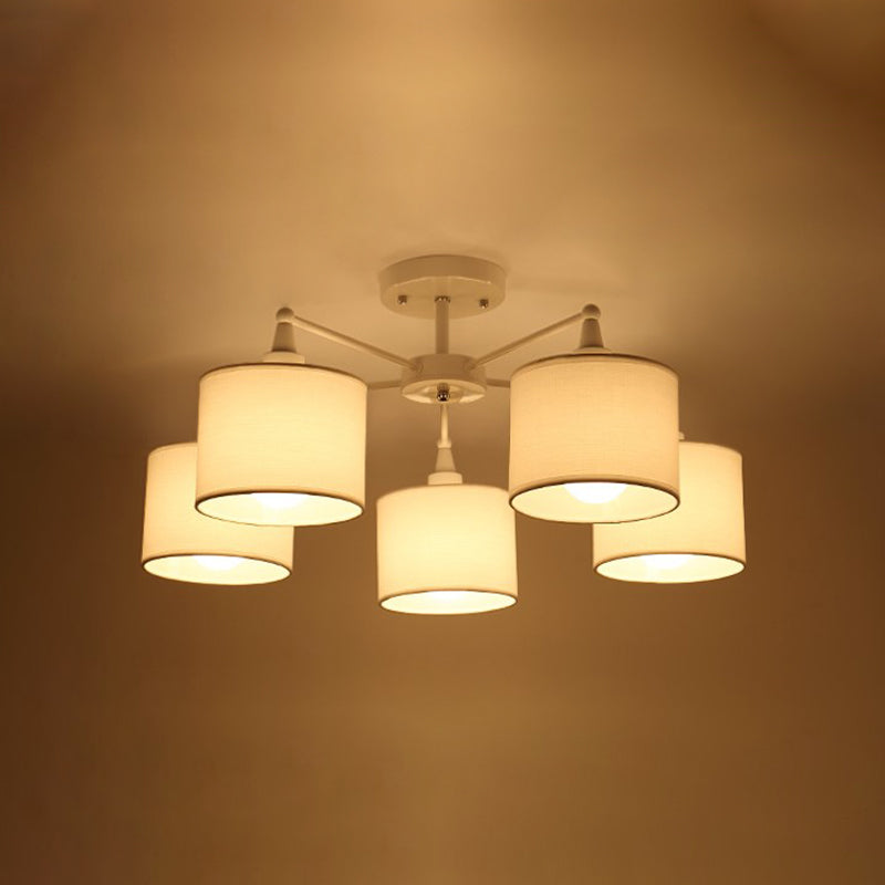 Korte cilinder semi -spoelmount lamp Noordse stof 5 lampen slaapkamer plafondbevestiging kroonluchter in wit