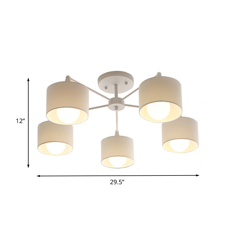 Korte cilinder semi -spoelmount lamp Noordse stof 5 lampen slaapkamer plafondbevestiging kroonluchter in wit