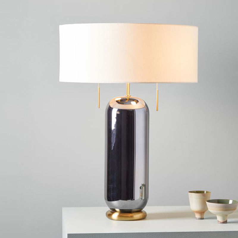 Lampe de nuit en verre en miroir ovale vintage 1 table de table de bulbe avec une nuance de tissu rond en blanc