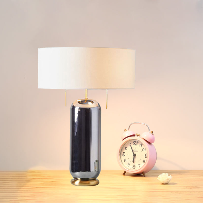 Lampe de nuit en verre en miroir ovale vintage 1 table de table de bulbe avec une nuance de tissu rond en blanc