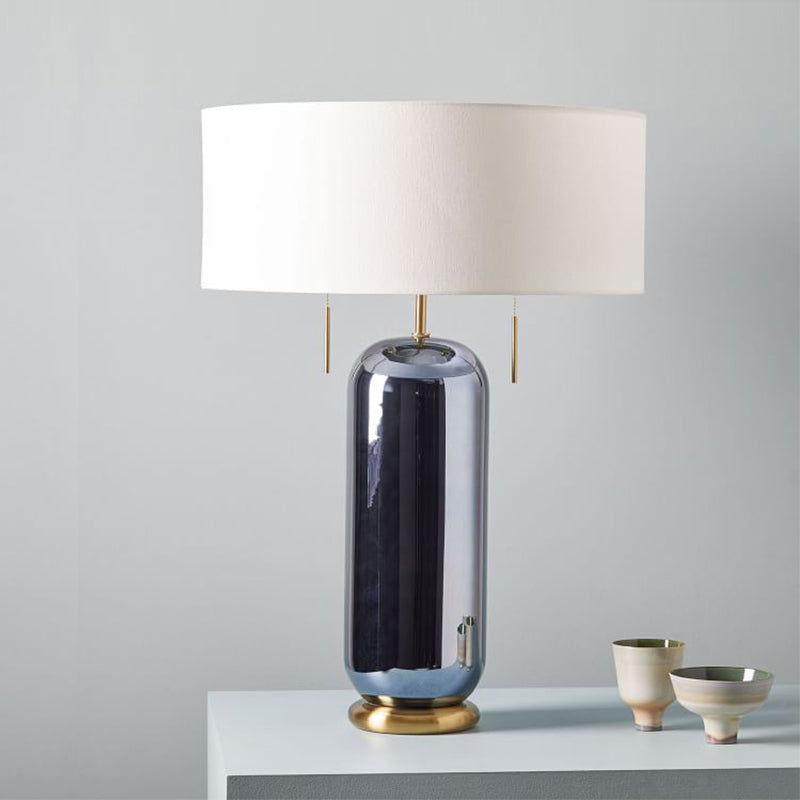 Lampe de nuit en verre en miroir ovale vintage 1 table de table de bulbe avec une nuance de tissu rond en blanc
