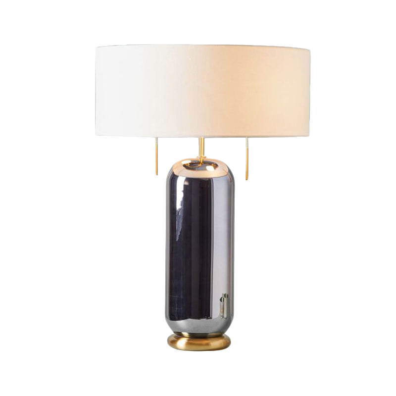 Lampe de nuit en verre en miroir ovale vintage 1 table de table de bulbe avec une nuance de tissu rond en blanc