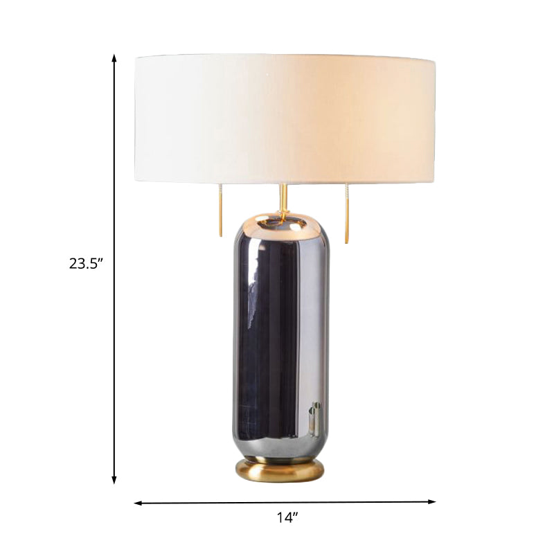 Lampe de nuit en verre en miroir ovale vintage 1 table de table de bulbe avec une nuance de tissu rond en blanc