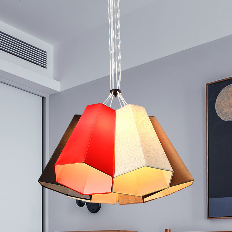 Ridged Conical Loft House Hanging Light Fabric 6 Heads Modern Stylish Multi Light Pendant Lighting in Red-White
