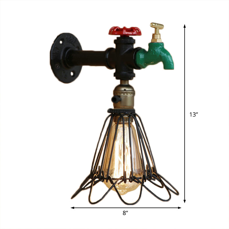 Schwarz Finish 1 Lampen Wandleuchten rustikaler Metallkäppchen -Schatten -Beleuchtung mit Wasserhahn und Ventil