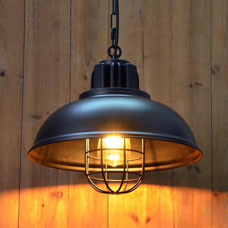 Luce a ciondolo a 1 bulbo bianco/nero Factory Iron Iron Bowl Spepense Lampada sospensione con cornice a gabbia di filo