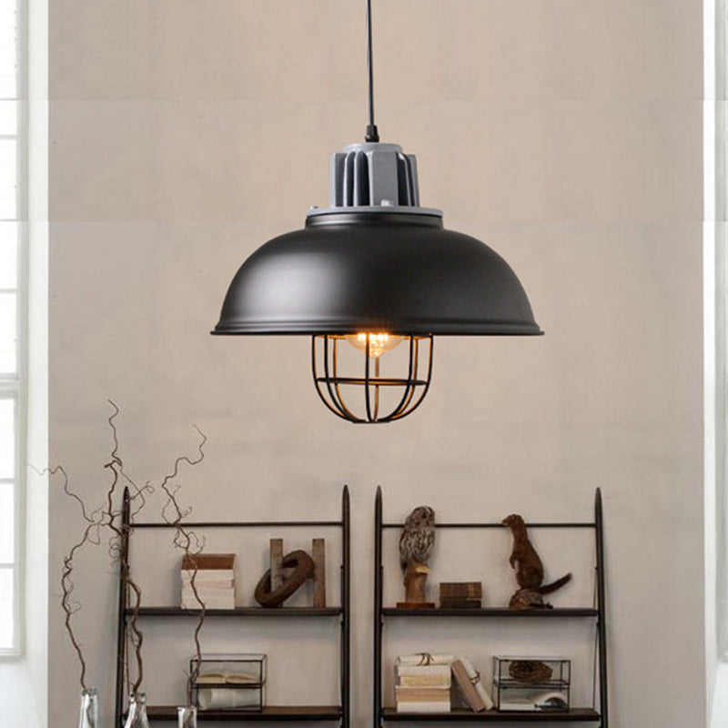 Luce a ciondolo a 1 bulbo bianco/nero Factory Iron Iron Bowl Spepense Lampada sospensione con cornice a gabbia di filo