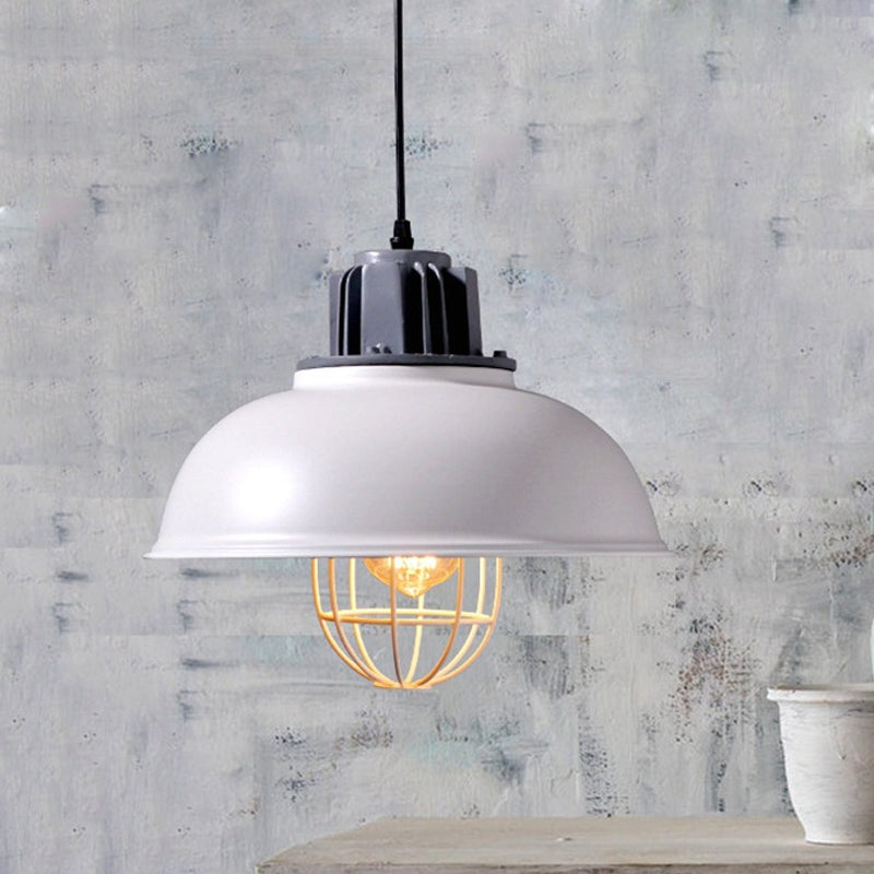 Luce a ciondolo a 1 bulbo bianco/nero Factory Iron Iron Bowl Spepense Lampada sospensione con cornice a gabbia di filo