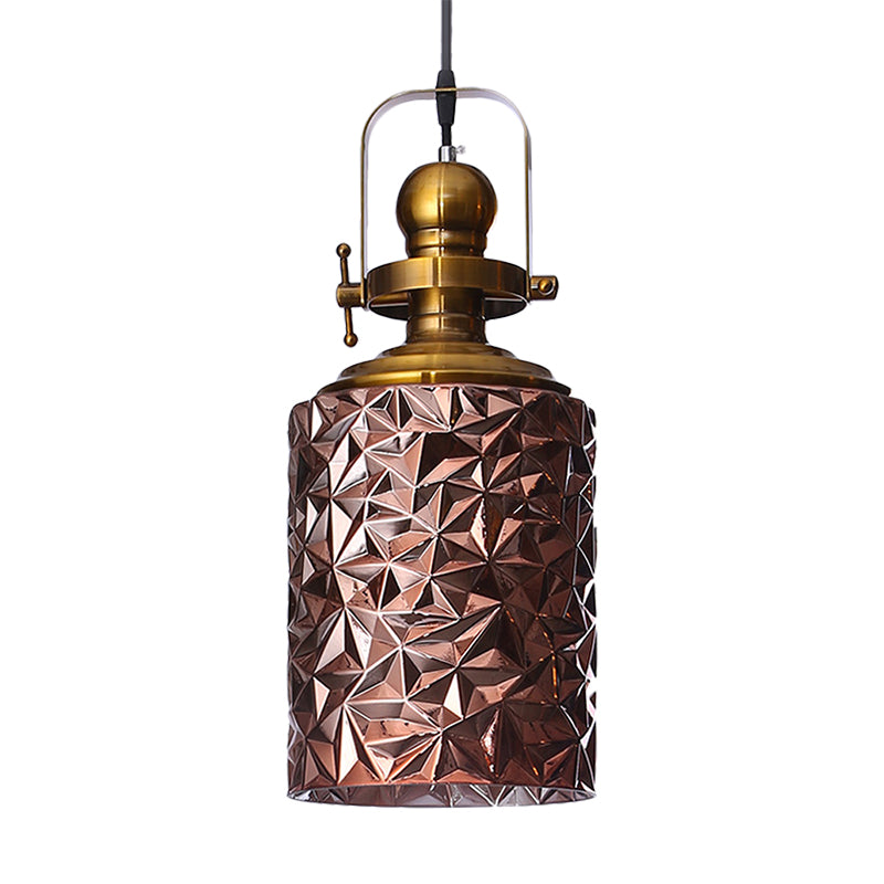Loft Cylindrical Ceiling Hang Fixture 1 Bulb Rust/Chrome/Gold Textured Glass Pendant Lighting for Restaurant