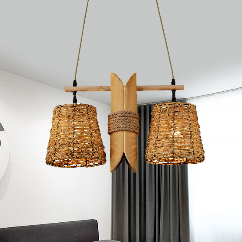 Conic Restaurant Island Ceiling Light Farm Rattan 2 Heads Beige Pendant Lamp with Bamboo Tube Decor