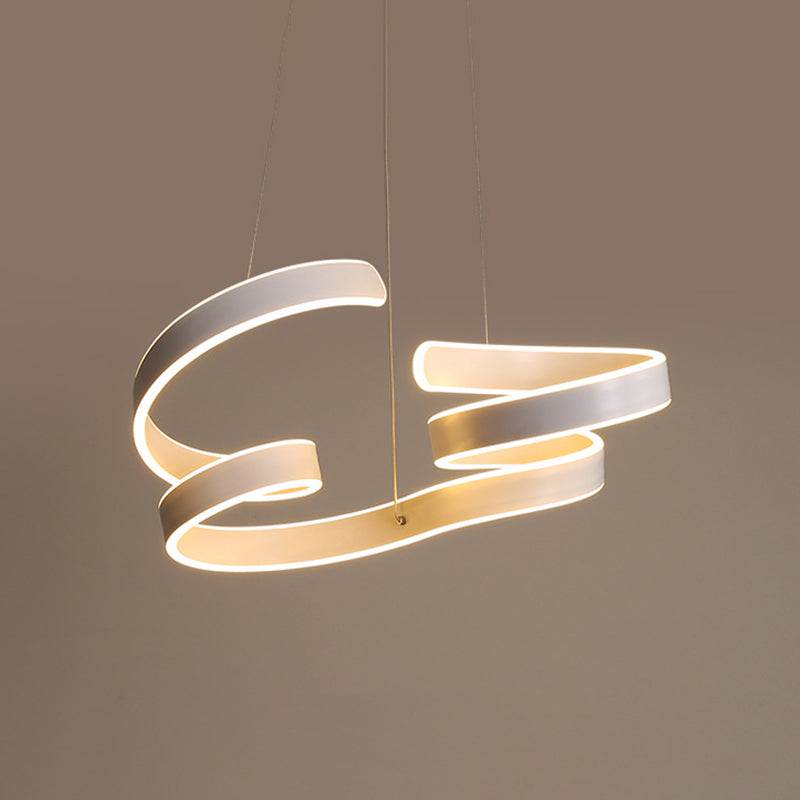 Minimalist Coiled Aluminum Chandelier LED Hanging Pendant Light in White over Dining Table, Warm/White Light