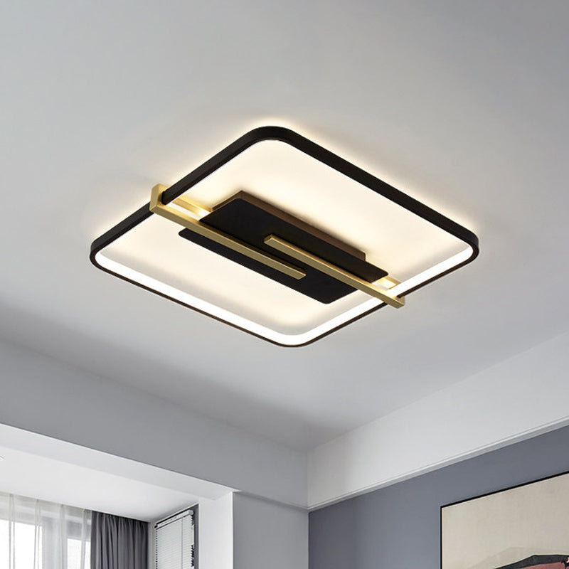 LED Bedroom Flush-Mount Light Fixture Minimalist Black/White and Gold Ceiling Lamp with Square Acrylic Frame