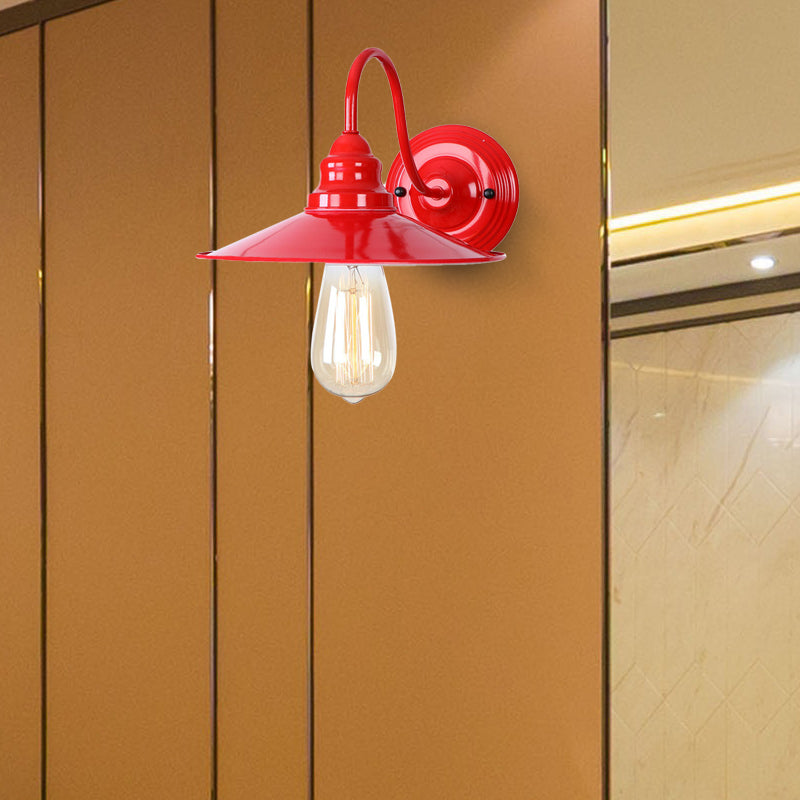 Metal Polished Red Wall Lighting Flat Shade 1 Head Industrial Stylish Sconce Light with Gooseneck Arm