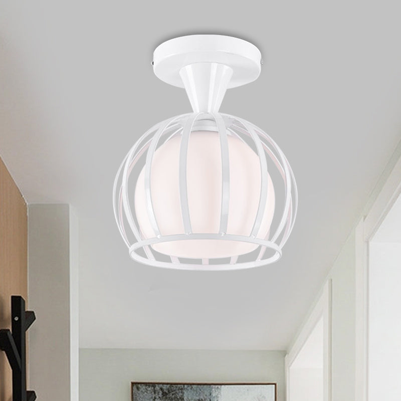 Opal Glass Half Globe Semi Flush Light Modern 1 Head White Ceiling Mount Lamp with Wire Cage Guard