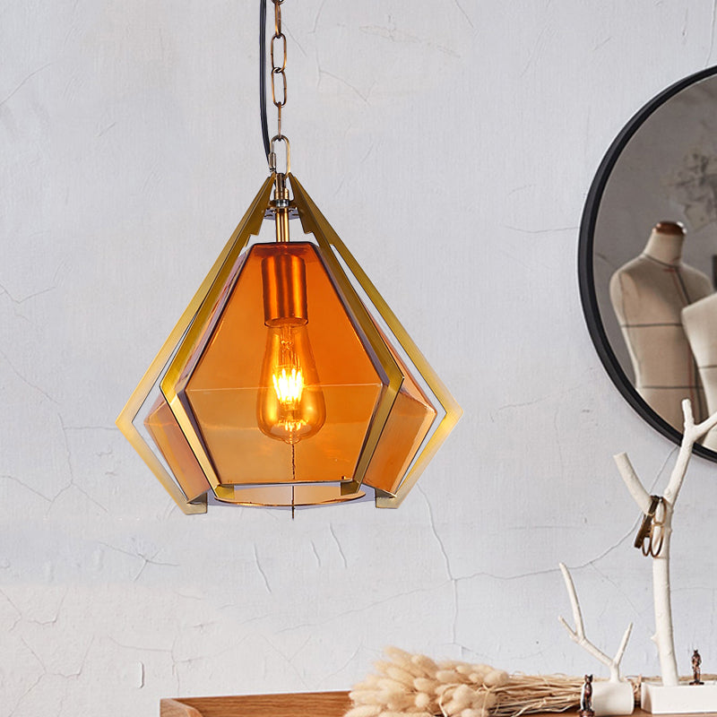 Diamond Restaurant Ceiling Pendant Lamp Colonialism White/Smoke Gray/Tan Glass 1 Bulb Gold Hanging Light Fixture