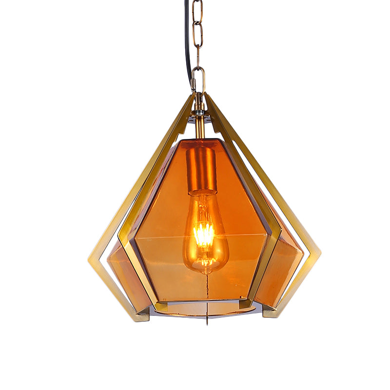 Diamond Restaurant Ceiling Pendant Lamp Colonialism White/Smoke Gray/Tan Glass 1 Bulb Gold Hanging Light Fixture