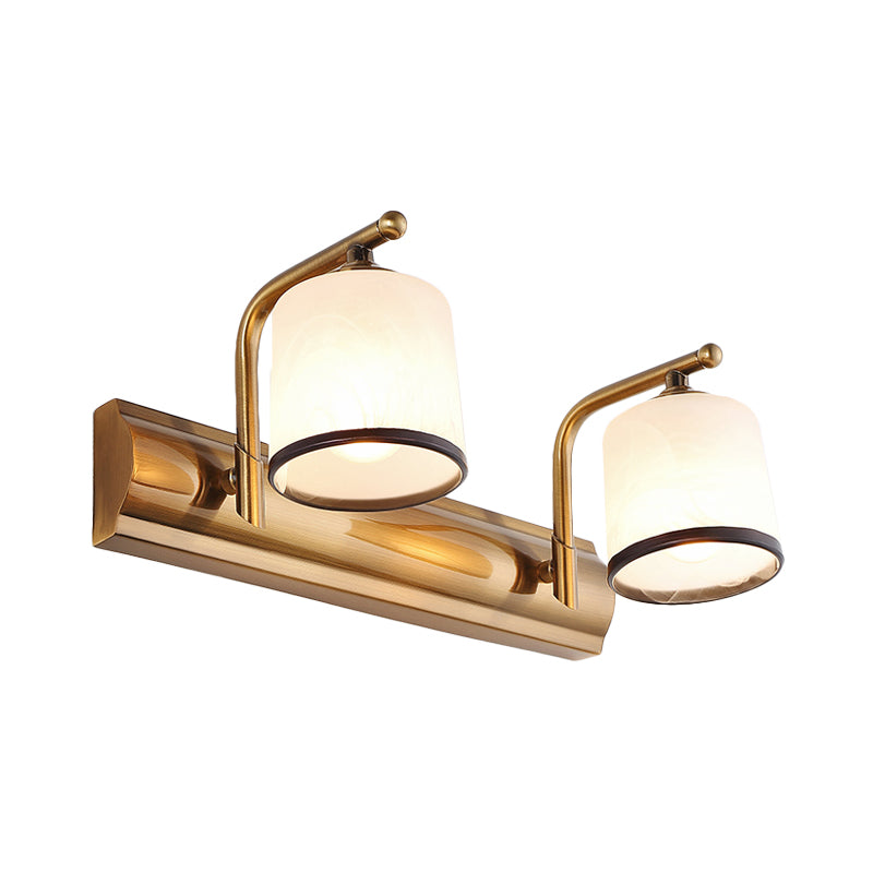 2/3 Lights Column Vanity Lighting Colonial Gold Frosted White Glass Wall Sconce Light Fixture for Bathroom