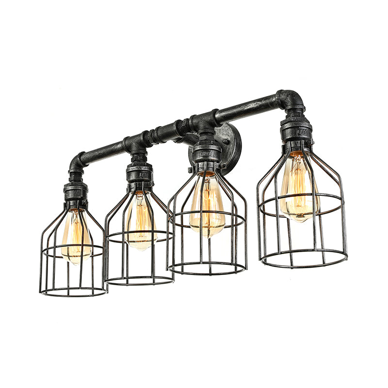 4 Lichter Steampunk -Leuchte -Leuchte mit Drahtschutz Retro -Stil gealtert Silber Metallic Leuchtenbeleuchtung