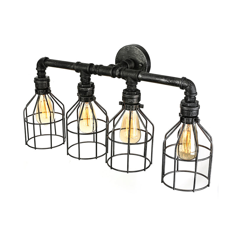 4 Lights Steampunk Wall Light Fixture with Wire Guard Retro Style Aged Silver Metallic Sconce Lighting