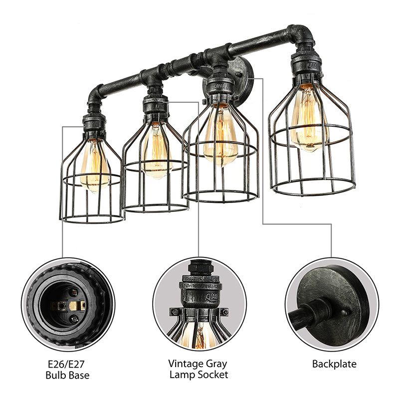 4 Lichter Steampunk -Leuchte -Leuchte mit Drahtschutz Retro -Stil gealtert Silber Metallic Leuchtenbeleuchtung