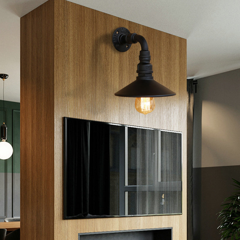 Metal Antique Brass/Black Wall Sconce Light Conic Shade 1 Light Steampunk Wall Lighting with Curved Pipe