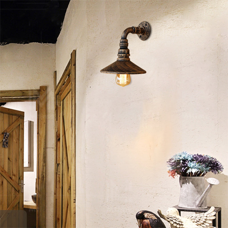 Metal Antique Brass/Black Wall Sconce Light Conic Shade 1 Light Steampunk Wall Lighting with Curved Pipe