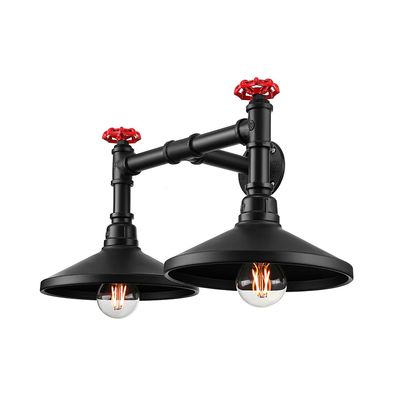 Industrial Cone Wall Mounted Light with Red Valve 2 Heads Metal Wall Lamp in Black for Hallway