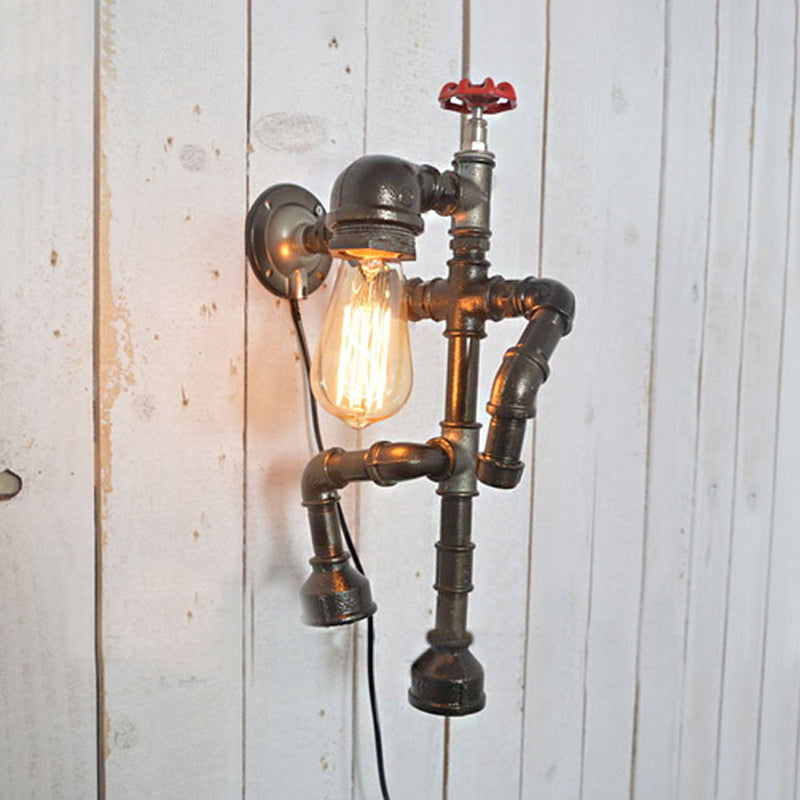 Bronze Finish Robot Sconce Light with Expose Bulb and Red Valve Vintage Metallic 1 Head Hallway Wall Lighting