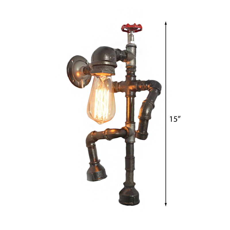 Bronze Finish Robot Sconce Light with Expose Bulb and Red Valve Vintage Metallic 1 Head Hallway Wall Lighting