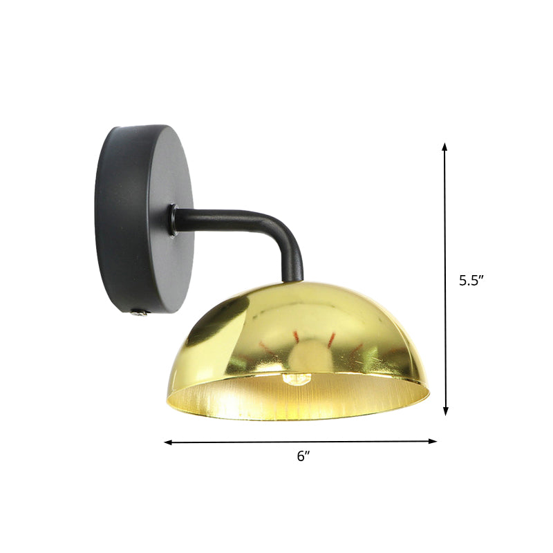 1 Light Wall Sconce Industrial Dome Shade Metal Down Wall Light with Curved Arm in Black/Brass for Bedroom